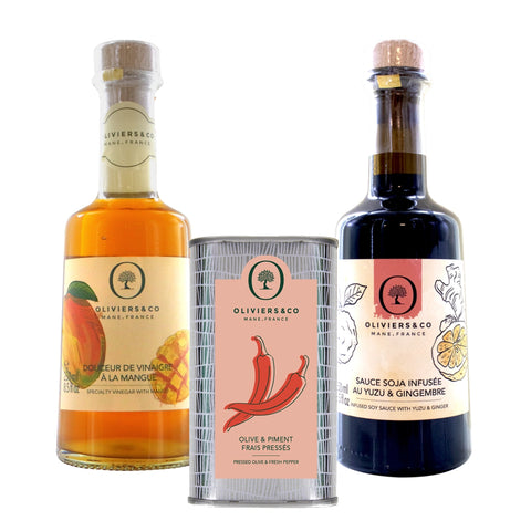Asiatiske favoritter, chiliolie, mangoeddike og soya med ingefær og yuzu, Oliviers & Co