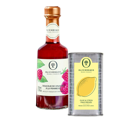 Olie & Eddikesæt 250 ml citronolie, 250 ml hindbæreddike fra Oliviers & Co