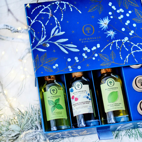 Julegave med trio, olivenolier med lime og basilikum og skovbærbalsamico fra Oliviers & Co