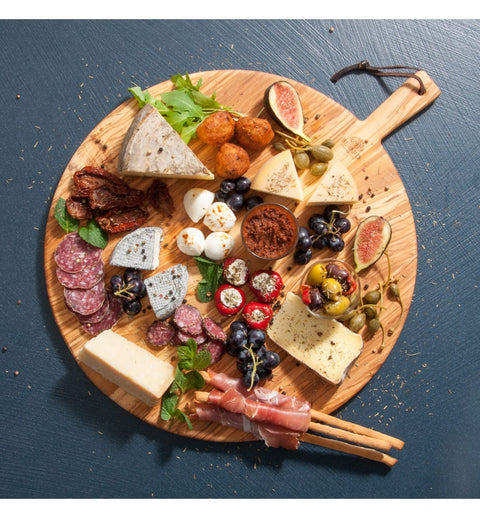 Serveringsbræt til ost og tapas i oliventræ Ø40 cm