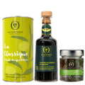 Stort basissæt med ekstra jomfru olivenolie, balsamico og kryddersalt til hverdagens madlavning fra Oliviers & Co